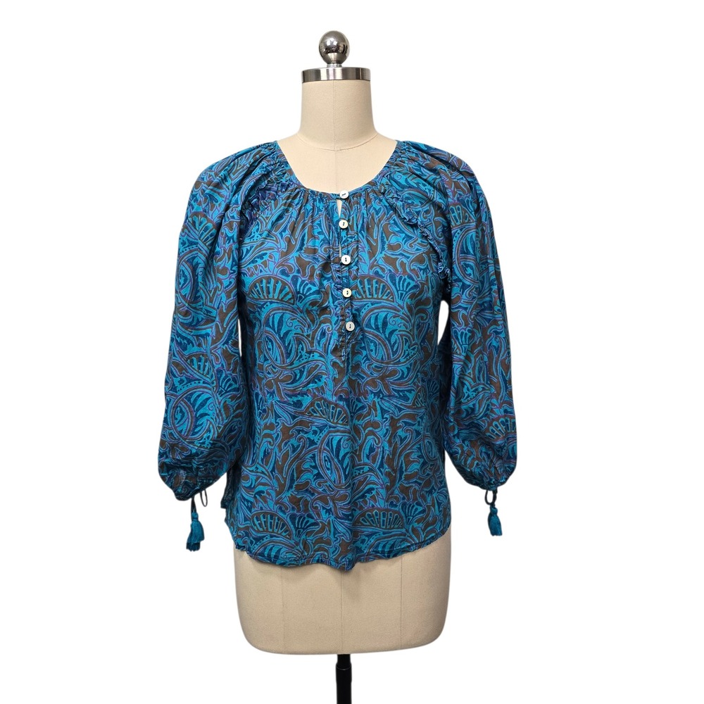 Cleobella Teal Paisley Print Tassel Boho‎ Blouse Women's Sz Small Organic Cotton